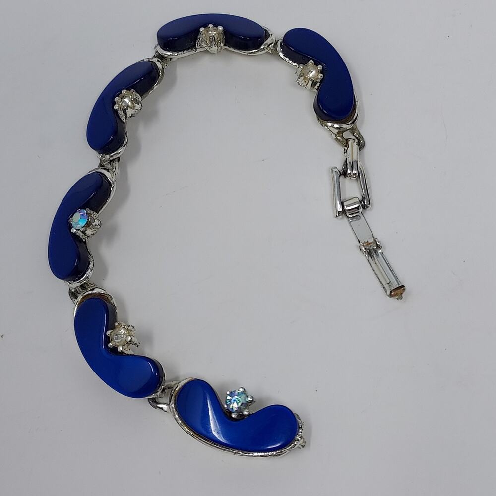 Vintage Thermoset Bracelet Deep Blue Rhinestones Silver Tone 7"